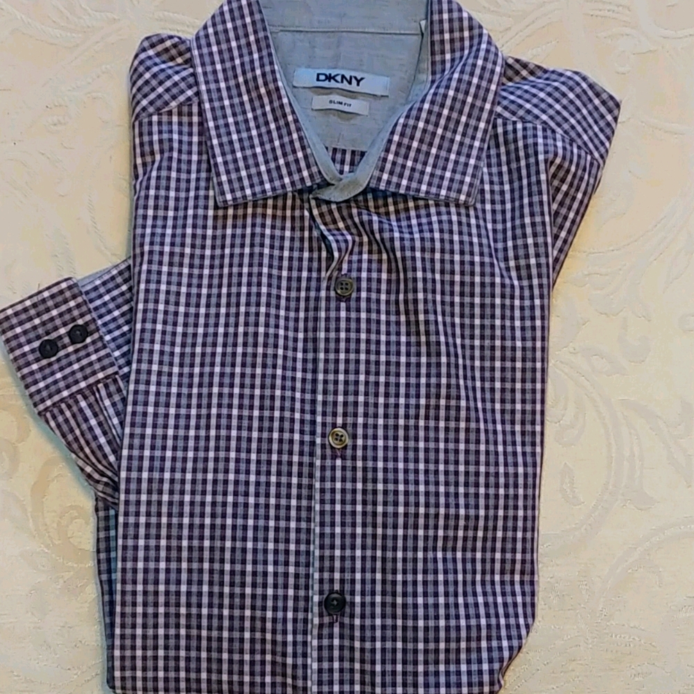 DKNY Slim Fit Checkered Button Down Dress Shirt